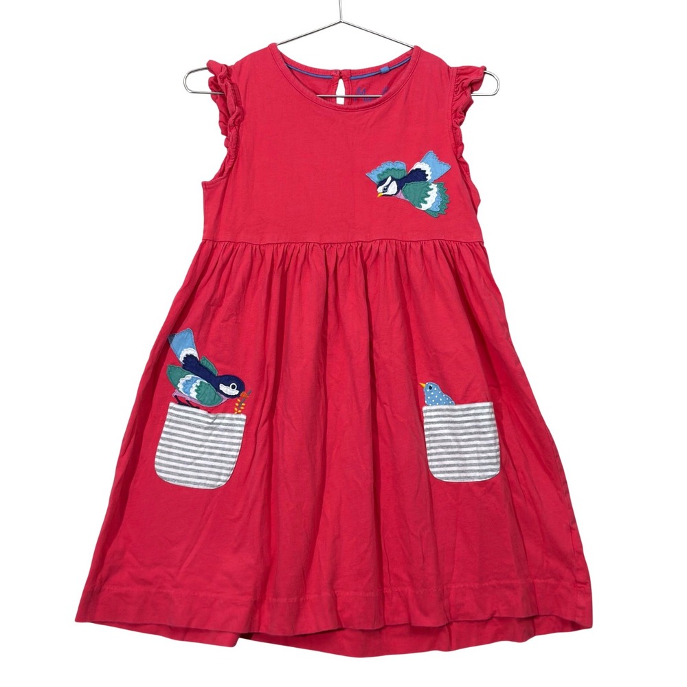 Mini Boden Dress Girls 11-12 Pink Bird Applique Cotton Casual Sleeveless Pocket